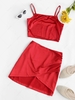 Silky Cropped Ruched Overlap Skirt Set Xl Red