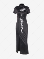 Silky Embroidered Cheongsam Slit Midi Dress S Black