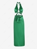 Silky Halter O-ring Tie Top and Thigh High Slit Skirt Set S Green