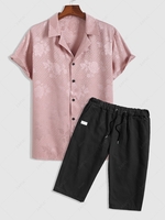 Silky Lapel Collar Jacquard Shirt And Bermuda Shorts Two Piece Set Light pink