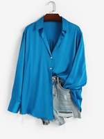 Silky Loose Button Up Shirt S Blue