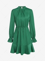 Silky Poet Sleeve Mock Neck Mini Dress S Deep green