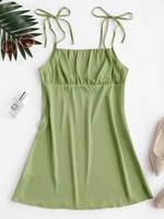Silky Ruched Front Tie Shoulder Mini Dress L Avocado green