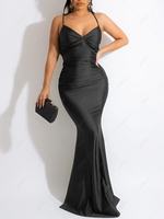 Silky Ruched Lace Up Open Back Maxi Dress Xl Black