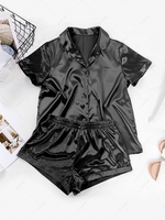 Silky Satin Button Up Shirt and Shorts Set M Black