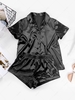 Silky Satin Button Up Shirt and Shorts Set S Black