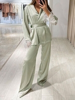 Silky Satin Feather Trim Belted Matching Two Piece Set S Light green