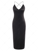 Silky Side Slit Cowl Open Back Slinky Slip Dress L Black