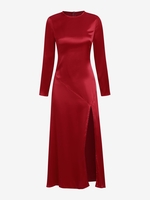 Silky Thigh High Slit Long Sleeve Midi Dress L Red