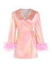 Silky Tie Dye Dotted Feather Trim Wrap Mini Dress S Light pink