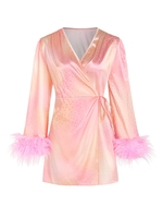 Silky Tie Dye Dotted Feather Trim Wrap Mini Dress S Light pink