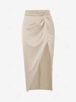 Silky Twist Thigh High Slit Midi Skirt M Light coffee