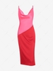 Silky Two Tone Slip Cowl Front Midi Dress L Red