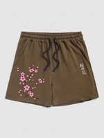 Simple Style Sakura Printed Drawstring Shorts M Deep coffee