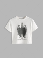 Skeleton Graphic Halloween Baby Tee L White