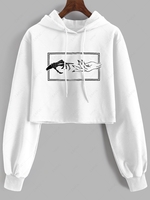 Skeleton Hand Drawstring Crop Hoodie M White