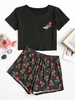 Skeleton Rose Print Tee and Shorts Set L Black