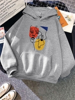 Sketch Face Print Drop Shoulder Thermal Lined Hoodie S Gray