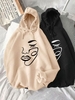 Sketch Face Print Drop Shoulder Thermal Lined Hoodie Xl Light coffee