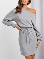 Skew Collar Tie Waist Long Sleeve Mini Dress L Light gray