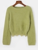 Slash Neck Fuzzy Distressed Sweater Green