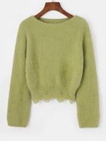 Slash Neck Fuzzy Distressed Sweater Green