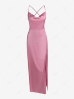 Slick Satin Side Slit Zipper Back Dress L Light pink