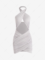 Solid Color Cut Out Halter Bodycon Mini Dress L Light gray