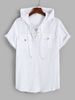 Solid Color Lace Up Pocket Short Sleeve Hooded Shirt S White