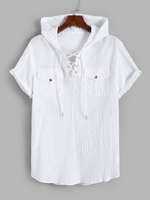 Solid Color Lace Up Pocket Short Sleeve Hooded Shirt S White