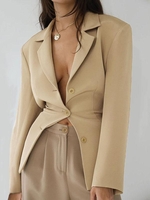 Solid Color Lapel Collar Button Belt Blazer S Coffee