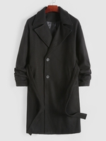 Solid Color Longline Warmth Woolen Coat with Belt M Black