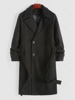 Solid Color Longline Warmth Woolen Coat with Belt Xxl Black