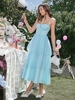 Solid Color Mesh Backless Dress L Blue