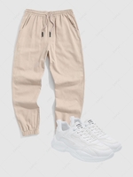 Solid Color Multi-pocket Jogger Pants and Breathable Lace Up Sneakers Light coffee