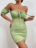 Solid Color Off The Shoulder Cinched Dress S Green
