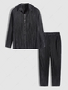 Solid Color Plisse Long Sleeves Frayed Hem Shirt And Pants Two Piece Set Black