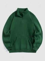 Solid Color Quater Zip Design Thermal Fleece-lined Sweatshirt Xl Deep green
