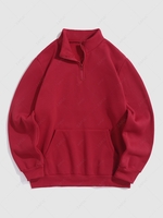 Solid Color Quater Zip Design Thermal Fleece-lined Sweatshirt Xl Deep red