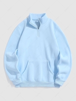 Solid Color Quater Zip Design Thermal Fleece-lined Sweatshirt Xxl Light blue