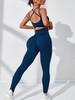 Solid Color Ribbed Crisscross Bra and Scrunch Butt Leggings Yoga Set L Blue