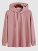 Solid Color Ribbed Half Button Casual Hoodie Xl Rose