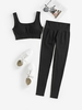 Solid Color Ribbed Sports Bra and High Waist Leggings Set M Black
