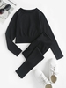 Solid Color Ribbed Sports Long Sleeves Crop Top and Leggings Set M Black