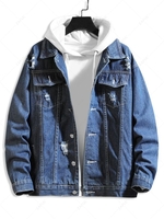 Solid Color Ripped Decorated Denim Jacket 3xl Deep blue