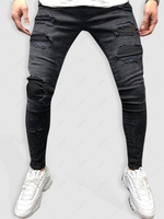 Solid Color Ripped Patch Casual Jeans S Black