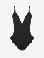 Solid Color Ruffle Hem Bodysuit M Black