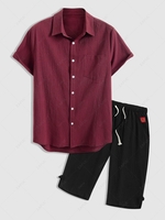 Solid Color Shirt and Cropped Casual Pants Set Deep red