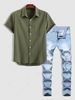 Solid Color Shirt and Distressed Jeans Set Deep green