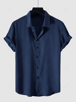 Solid Color Short Sleeves Button Up Party Satin Shirt Xl Deep blue